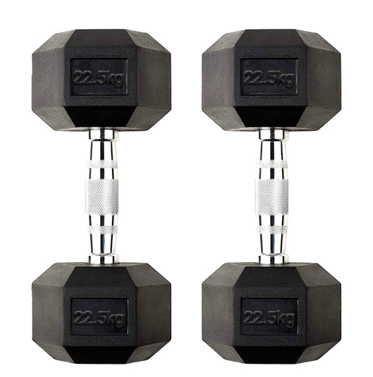 Hex Dumbbell Pair 22.5kg – Rubber-Coated Cast Iron Dumbbells with Anti-Roll Hex Heads & Chrome Handles – 2 x 22.5kg Free Weights for Strength Training UK