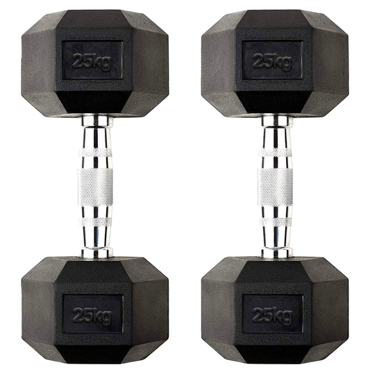 Hex Dumbbell Pair 25kg – Rubber-Coated Cast Iron Weights with Anti-Roll Hex Design & Knurled Chrome Handles – 2 x 25kg Dumbbells for Strength Training UK
