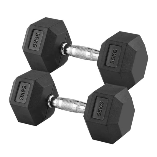 55kg Hex Dumbbell Set – Pair of Heavy Fixed Rubber-Coated Dumbbells with Knurled Chrome Handles – Advanced Weight Training for Home Gym & Studio UK