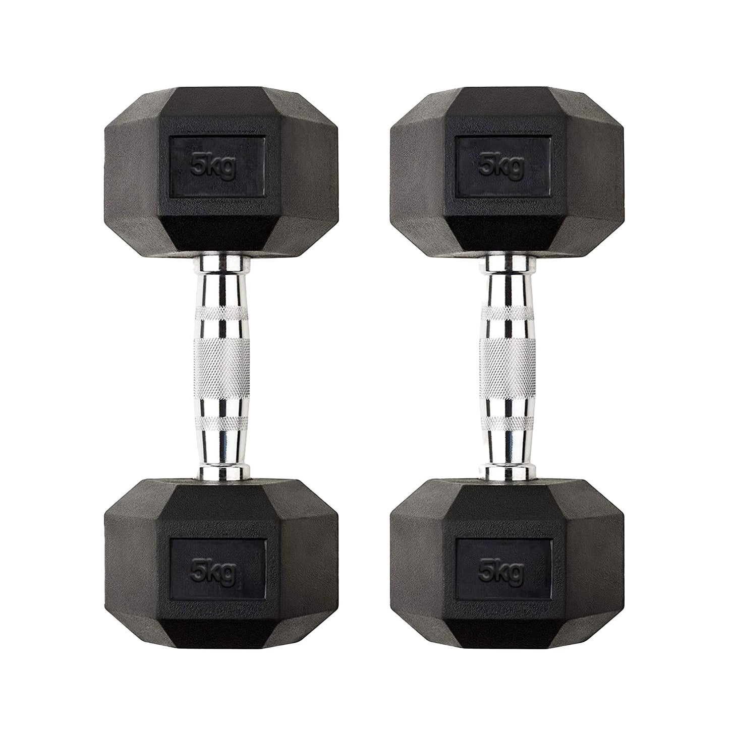 Hex Dumbbell Pair 5kg – Rubber-Coated Anti-Roll Dumbbells with Chrome Handles | 2 x 5kg Free Weights for Home Gym & Strength Training UK