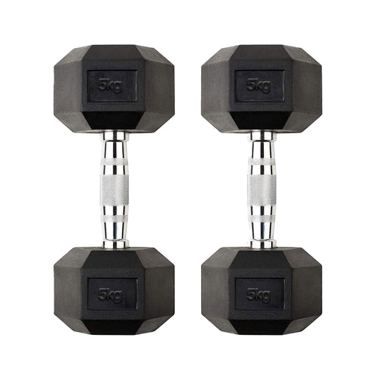 Hex Dumbbell Pair 5kg – Rubber-Coated Anti-Roll Dumbbells with Chrome Handles | 2 x 5kg Free Weights for Home Gym & Strength Training UK