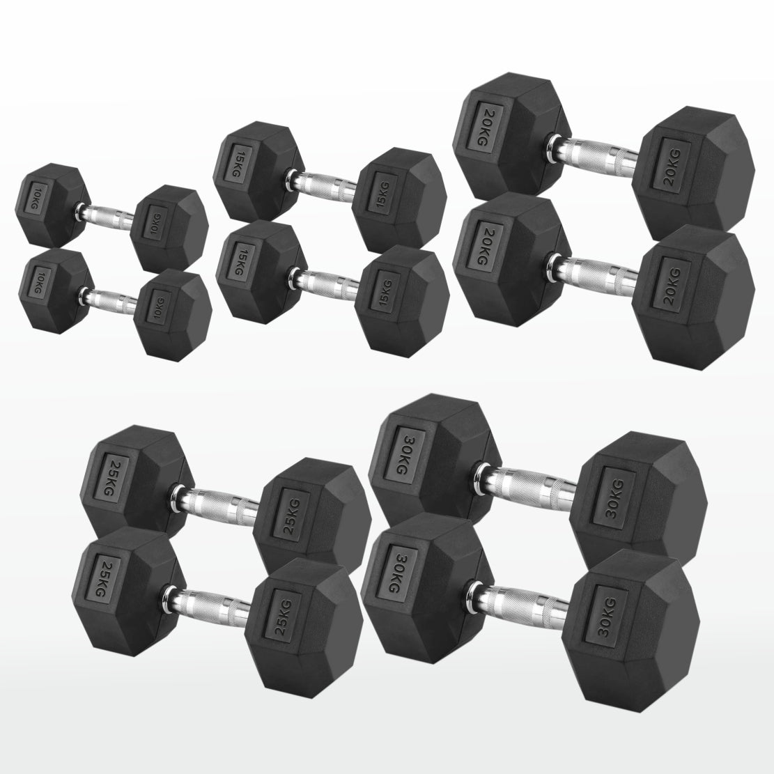 Hex Dumbbells 2.5kg–60kg Pairs & Sets – Heavy-Duty Rubber-Coated Anti-Roll Weights with Knurled Handles for Strength Training – Home Gym or Studio