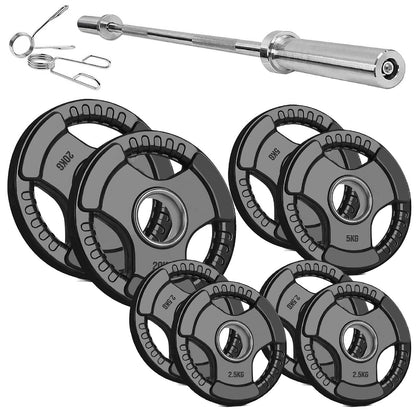 Trim-Grip Olympic Weight Plate – Black Rubber-Coated Cast‑Iron, Tri-Grip Handles for Barbell & Dumbbell Strength Training, Home Gym