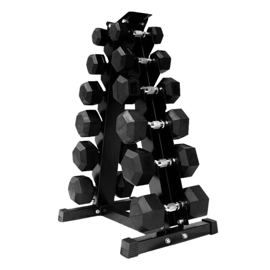 6-Pair Rubber-Coated Hex Dumbbell Set 2.5kg–15kg with Optional Tier 6 Rack – Anti-Roll Weights for Strength Training & Compact Home Gym Storage