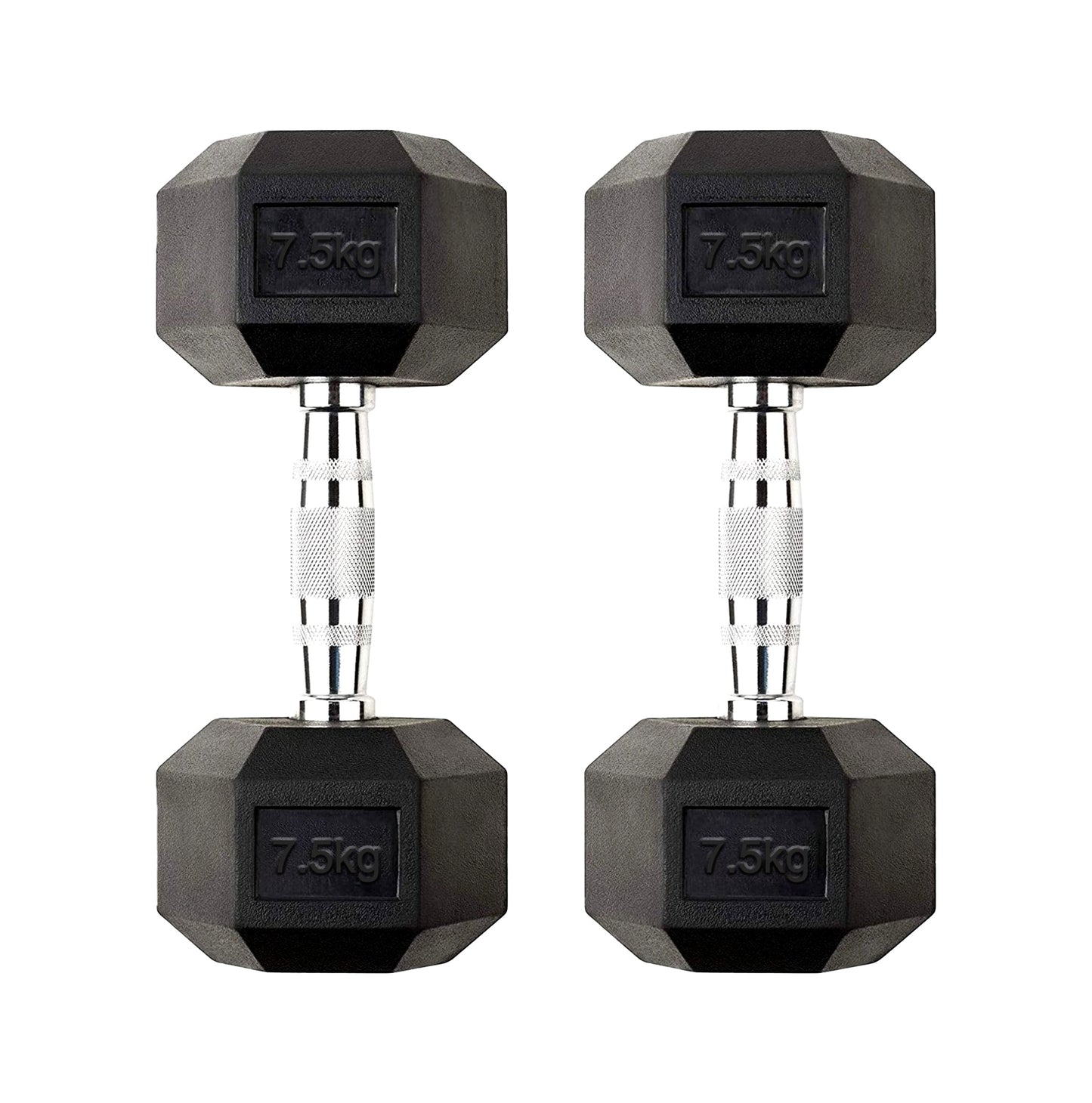 Hex Dumbbell Pair 7.5kg – Rubber-Coated Cast Iron Dumbbells with Knurled Chrome Handles | 2 x 7.5kg Anti-Roll Free Weights for Strength Training & Home Gym UK