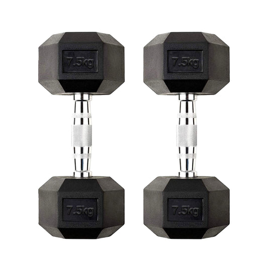 Hex Dumbbell Pair 7.5kg – Rubber-Coated Cast Iron Dumbbells with Knurled Chrome Handles | 2 x 7.5kg Anti-Roll Free Weights for Strength Training & Home Gym UK