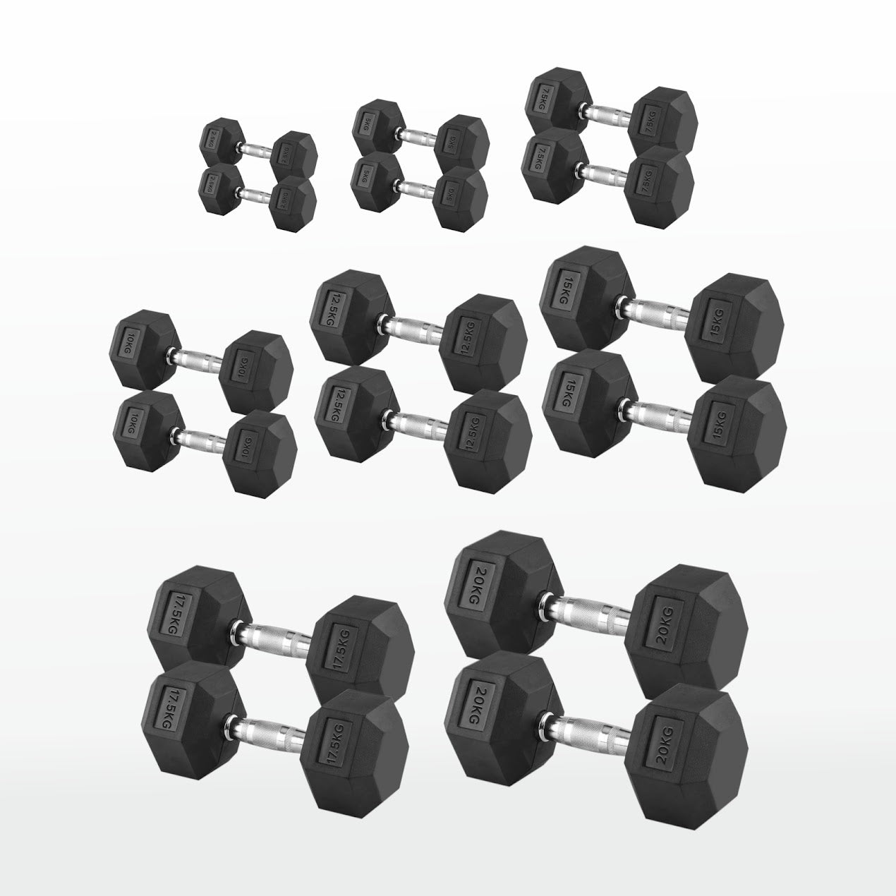 Hex Dumbbells 2.5kg–60kg Pairs & Sets – Heavy-Duty Rubber-Coated Anti-Roll Weights with Knurled Handles for Strength Training – Home Gym or Studio