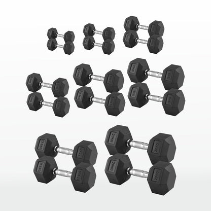 Hex Dumbbells 2.5kg–60kg Pairs & Sets – Heavy-Duty Rubber-Coated Anti-Roll Weights with Knurled Handles for Strength Training – Home Gym or Studio
