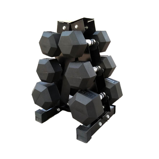 Set of black hex dumbbells with A3 Rack on a white background