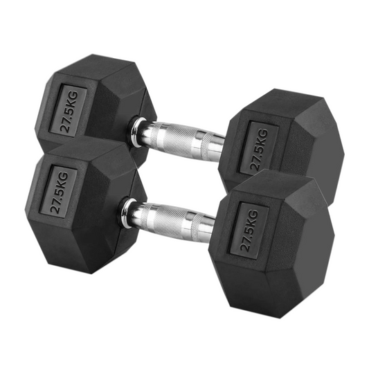 Hex Dumbbell Pair 27.5kg – Rubber-Coated Heavy Weights with Anti-Roll Hex Design & Knurled Chrome Handles – 2 x 27.5kg Dumbbells for Strength Training UK