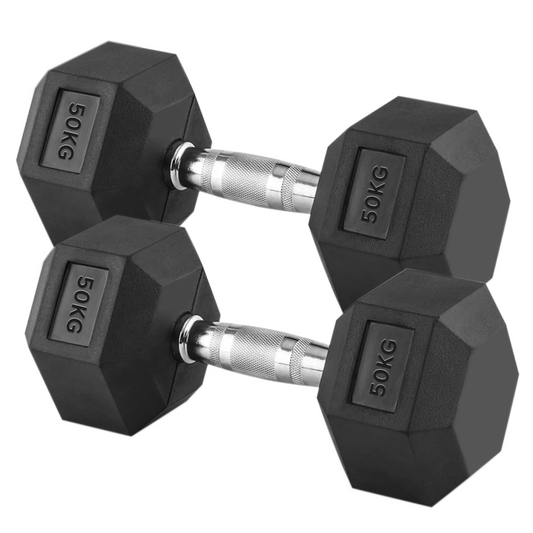 50kg Hex Dumbbell Set – Pair of Heavy Fixed Rubber-Coated Dumbbells with Textured Steel Handles – Advanced Strength Training for Home Gym UK
