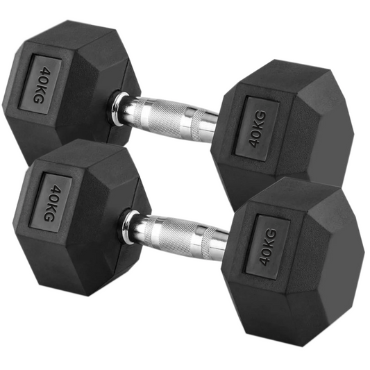 Hex Dumbbell Pair 40kg – Heavy Rubber-Coated Cast Iron Dumbbells with Anti-Roll Hex Design & Knurled Chrome Handles – 2 x 40kg Weights for Strength Training UK