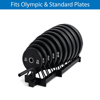 Set of weight plates with a holder on a white background, labeled 'Fits Olympic & Standard Plates'.
