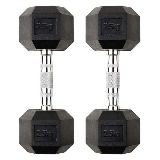 Hex Dumbbell Pair 2.5kg – Rubber-Coated Anti-Roll Dumbbells with Chrome Handles | 2 x 2.5kg Free Weights for Home Gym & Strength Training UK