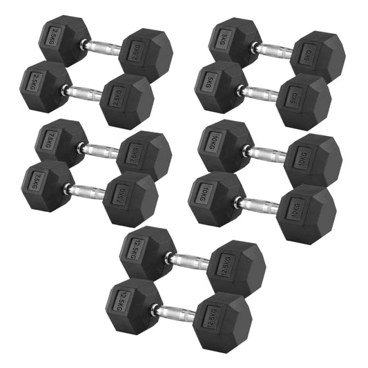 Complete 5-Pair Hex Dumbbell Set 2.5kg–25kg with Optional Tier 5 Rack – Rubber-Coated Cast Iron, Anti-Roll & Knurled Grip – Home Gym Strength Weights