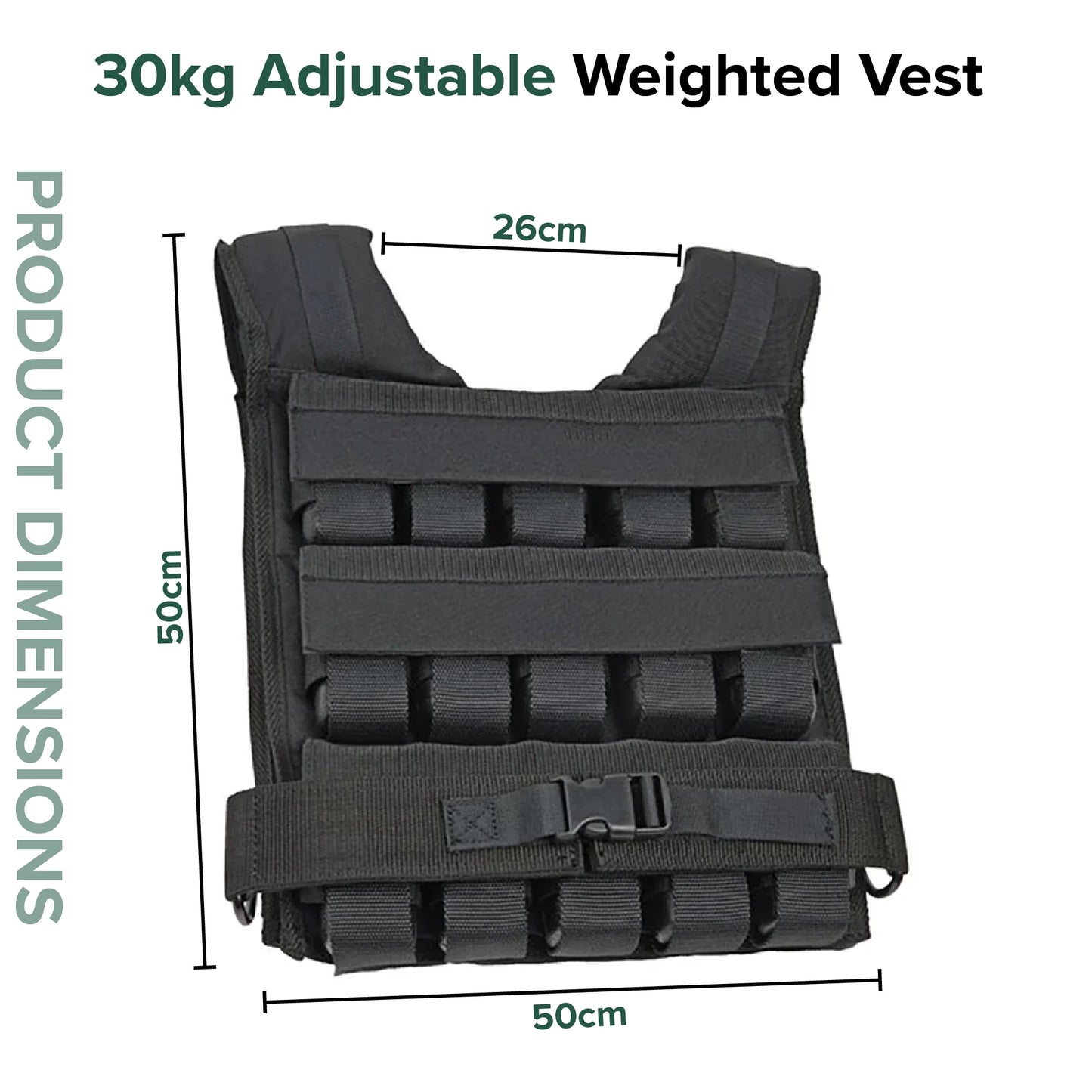 Black adjustable weighted vest with dimensions on a white background