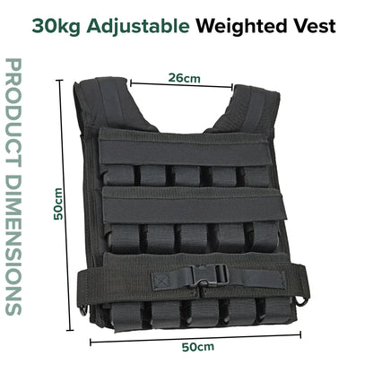 Black adjustable weighted vest with dimensions on a white background