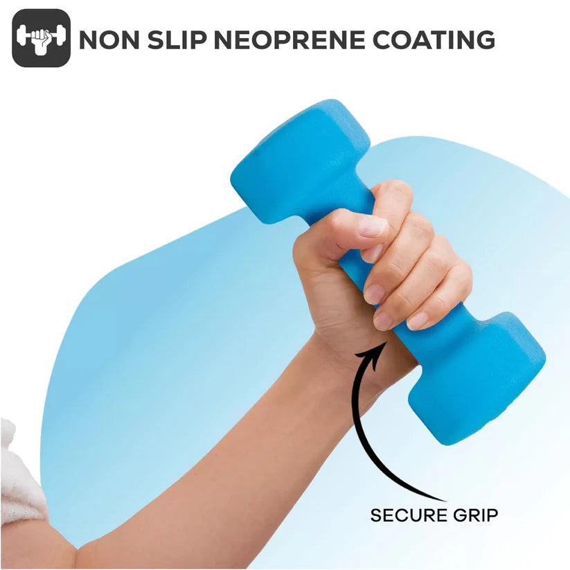 Blue dumbbell with non-slip neoprene coating held by a hand, emphasizing secure grip.
