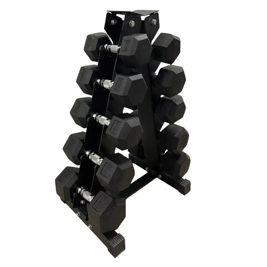 Complete 5-Pair Hex Dumbbell Set 2.5kg–25kg with Optional Tier 5 Rack – Rubber-Coated Cast Iron, Anti-Roll & Knurled Grip – Home Gym Strength Weights