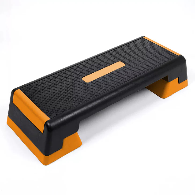 Step platform with black and orange design on a white background