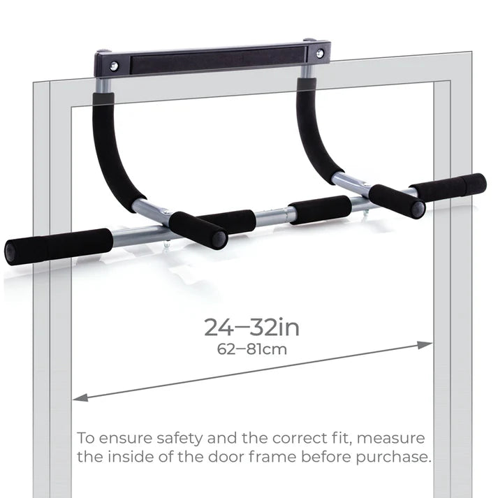 Doorway pull-up bar with measurement details on a white background