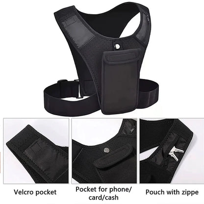 Black tactical vest with multiple pockets on a white background