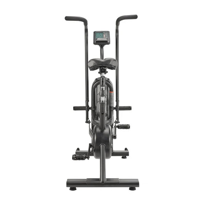 Black exercise bike with digital display on a white background