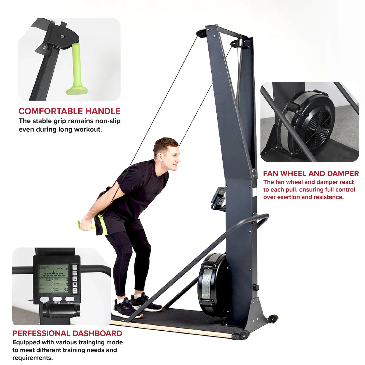 Exerciser with features highlighted, including a comfortable handle, fan wheel and damper, and professional dashboard.