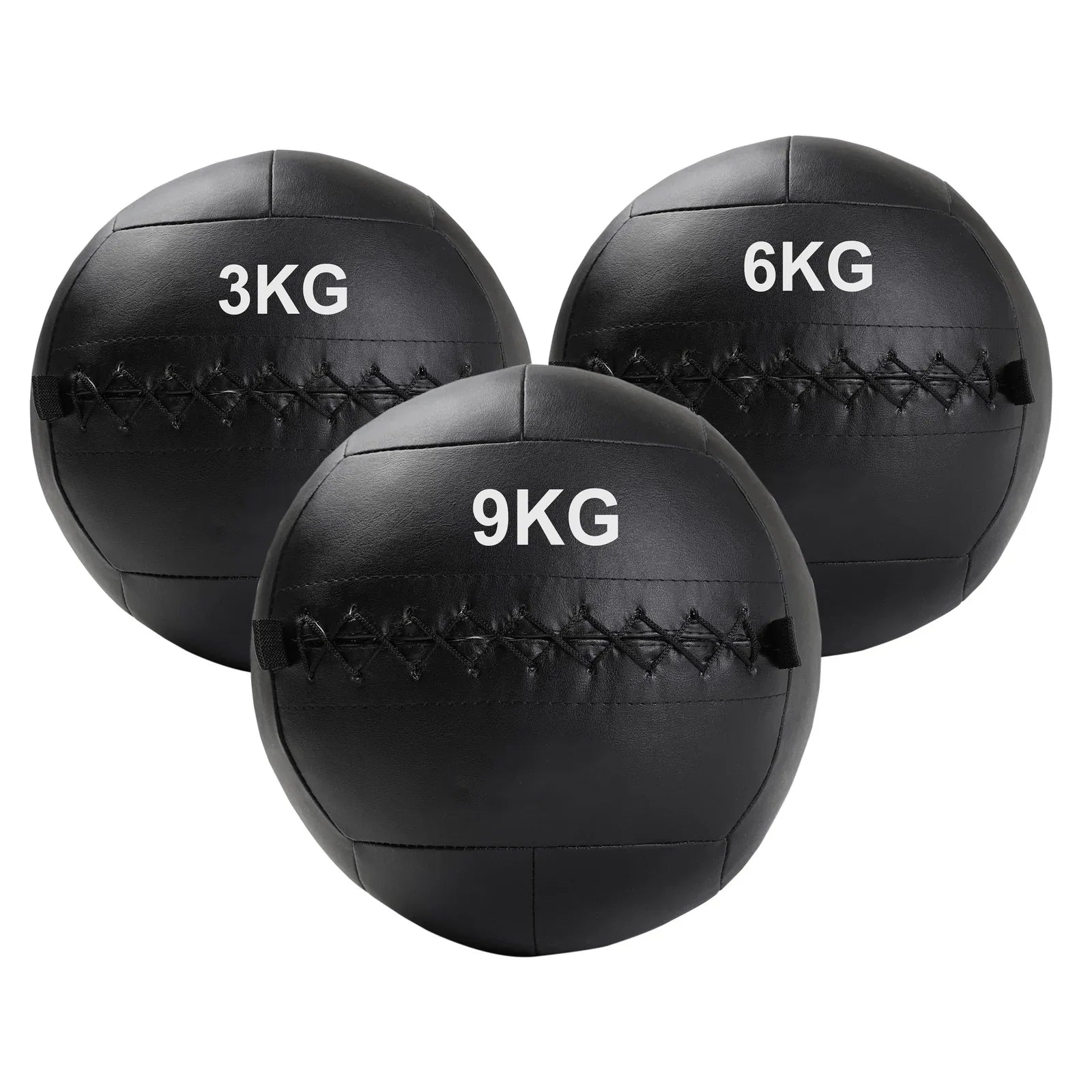 Three black wall balls with weight markings on a white background