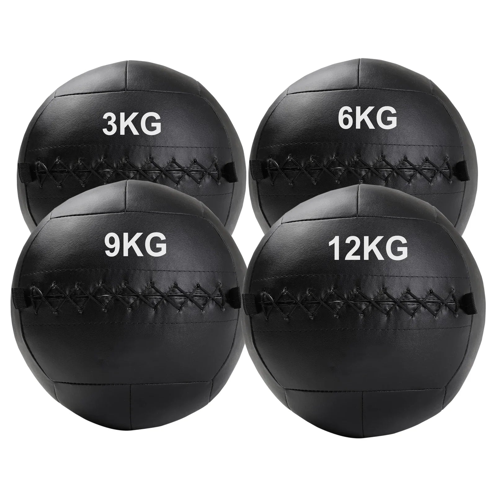 Four black weighted medicine balls with weight markings on a white background