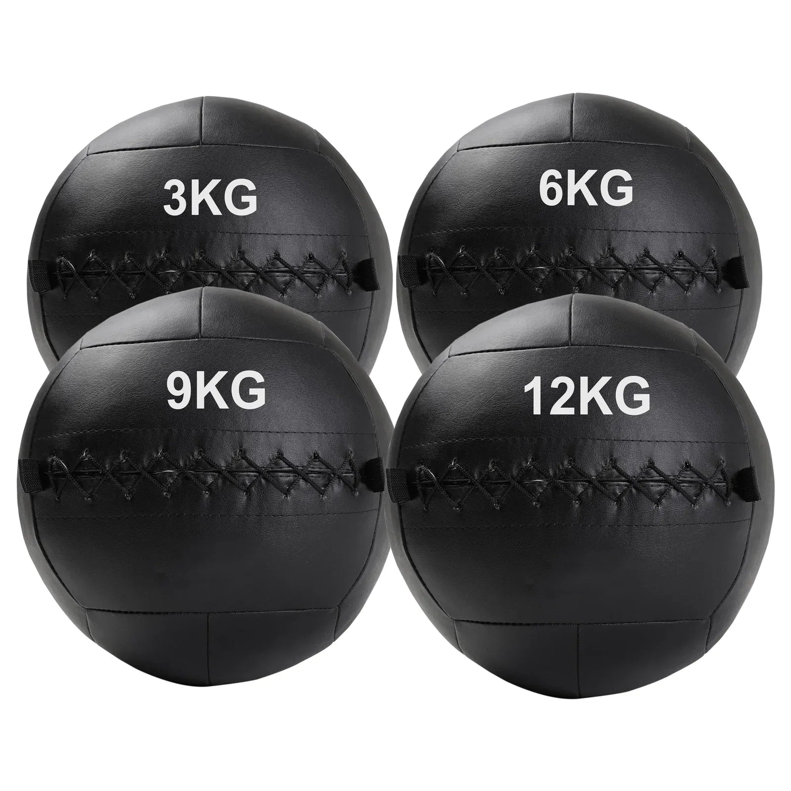 Four black weighted medicine balls with weight markings on a white background