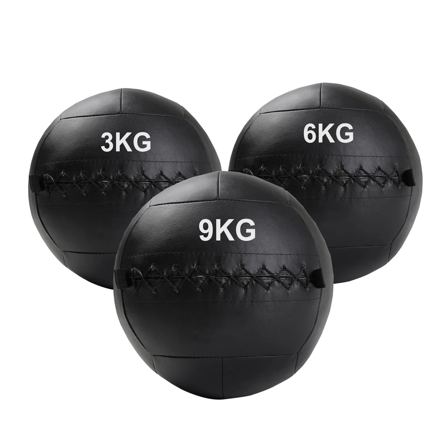 Three black wall balls with weight markings on a white background