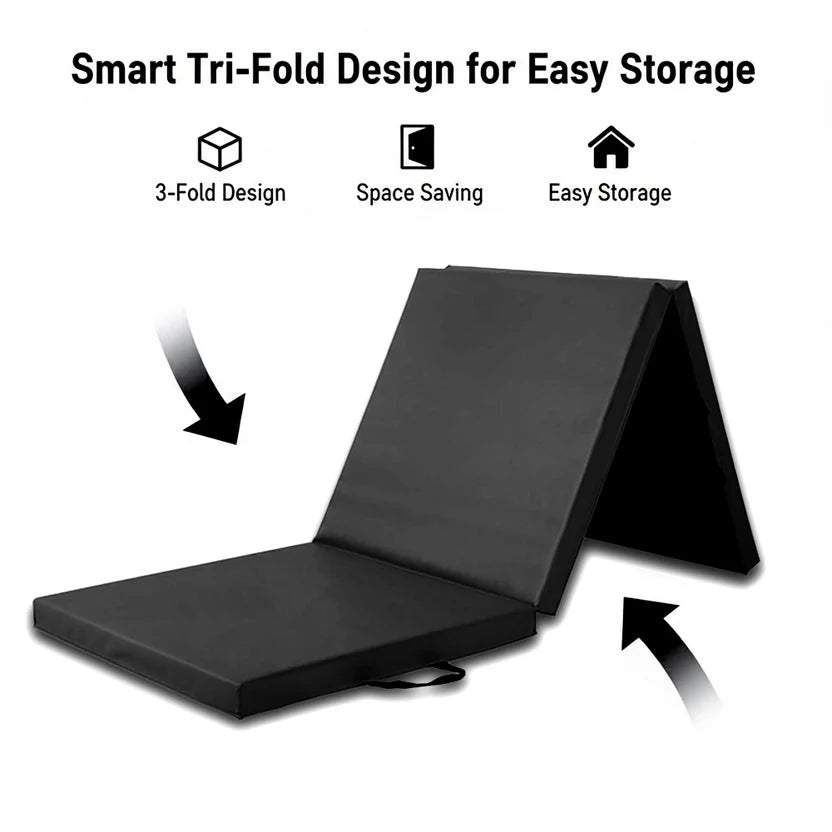 Tri-Fold Gymnastics Mat 5cm Thick PU Leather Non-Slip Foldable Crash Mat with Handles for Kids & Adults – Home Gym Yoga Pilates Stretching