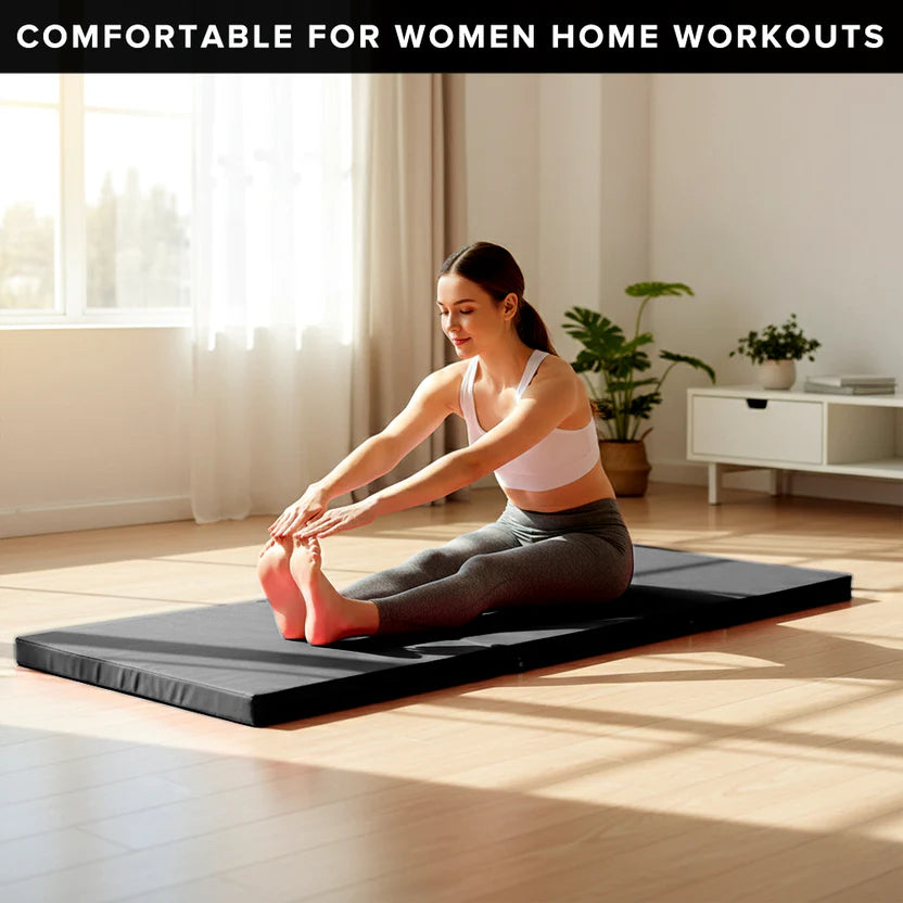 Tri-Fold Gymnastics Mat 5cm Thick PU Leather Non-Slip Foldable Crash Mat with Handles for Kids & Adults – Home Gym Yoga Pilates Stretching
