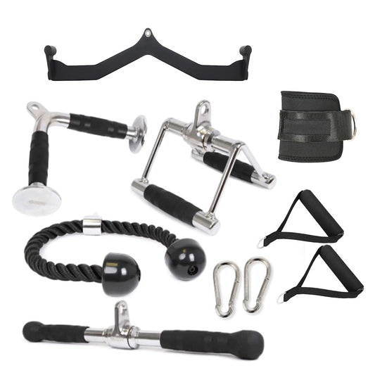 Cable Machine Attachments – Steel & Rubber Coated Handles, Multi Grip Bars & Ankle Straps for Full Body Strength Training – Ideal for Home Gyms