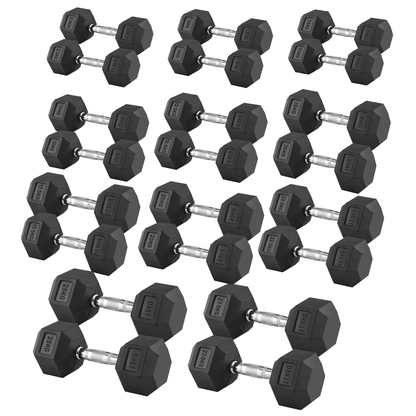 Hex Dumbbells 2.5kg–60kg Pairs & Sets – Heavy-Duty Rubber-Coated Anti-Roll Weights with Knurled Handles for Strength Training – Home Gym or Studio