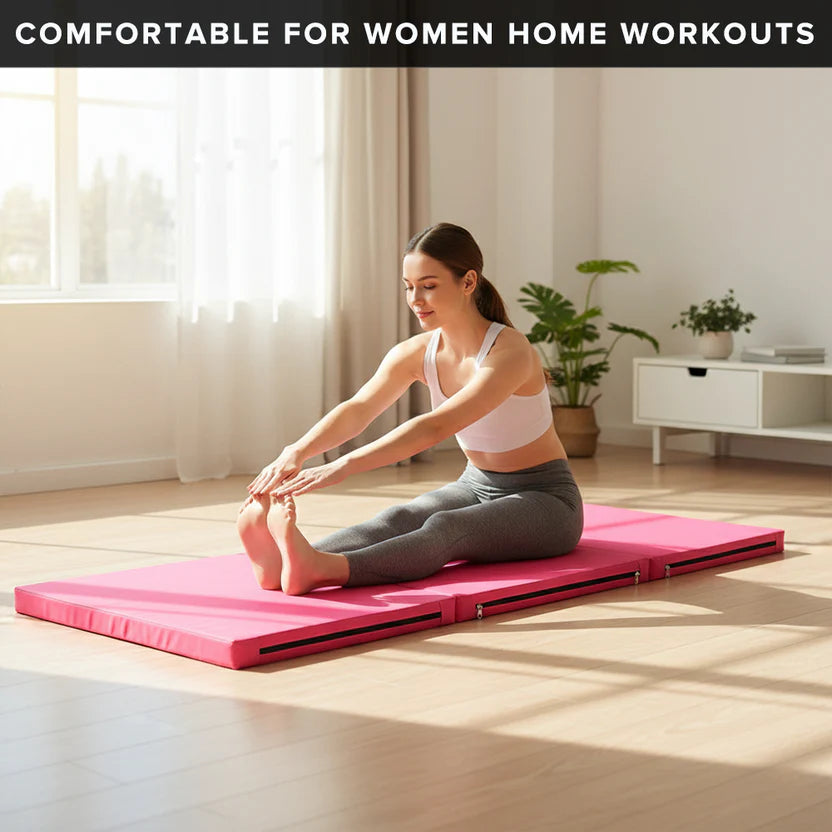 Tri-Fold Gymnastics Mat 5cm Thick PU Leather Non-Slip Foldable Crash Mat with Handles for Kids & Adults – Home Gym Yoga Pilates Stretching