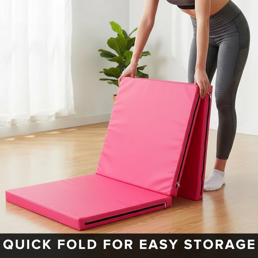 Tri-Fold Gymnastics Mat 5cm Thick PU Leather Non-Slip Foldable Crash Mat with Handles for Kids & Adults – Home Gym Yoga Pilates Stretching