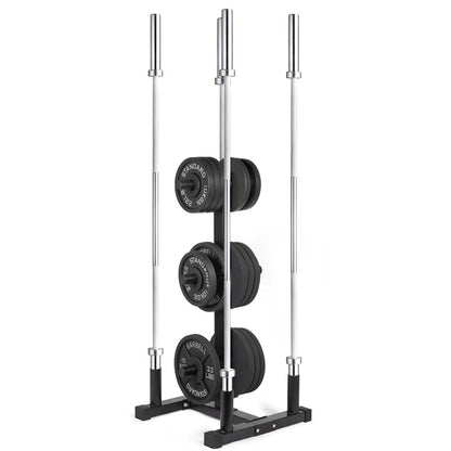 Heavy-Duty 3-Tier Olympic Weight Plate Rack with Barbell Holder – Black Powder-Coated Steel, 200kg Capacity, Space-Saving Home Gym Organizer